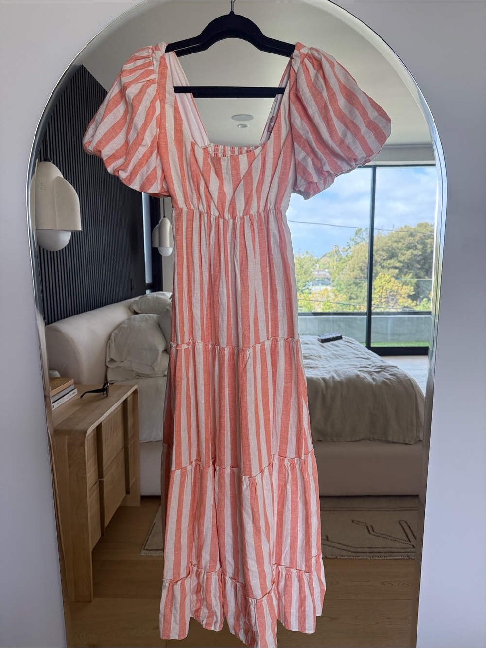 Show Me Your Mumu Striped Puff-Sleeve Maxi Dress in Coral and White